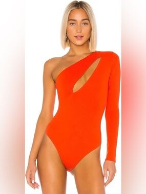 NBD One-Shoulder Cutout Bodysuit in Bright Orange